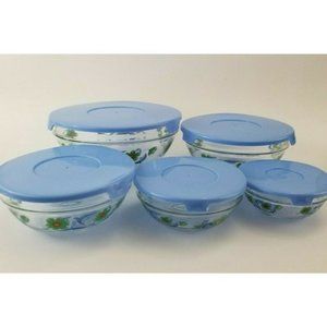 Vintage Durable Heat Resistant Floral Glass Nesting Bowls w/Lids Food Storage 5
